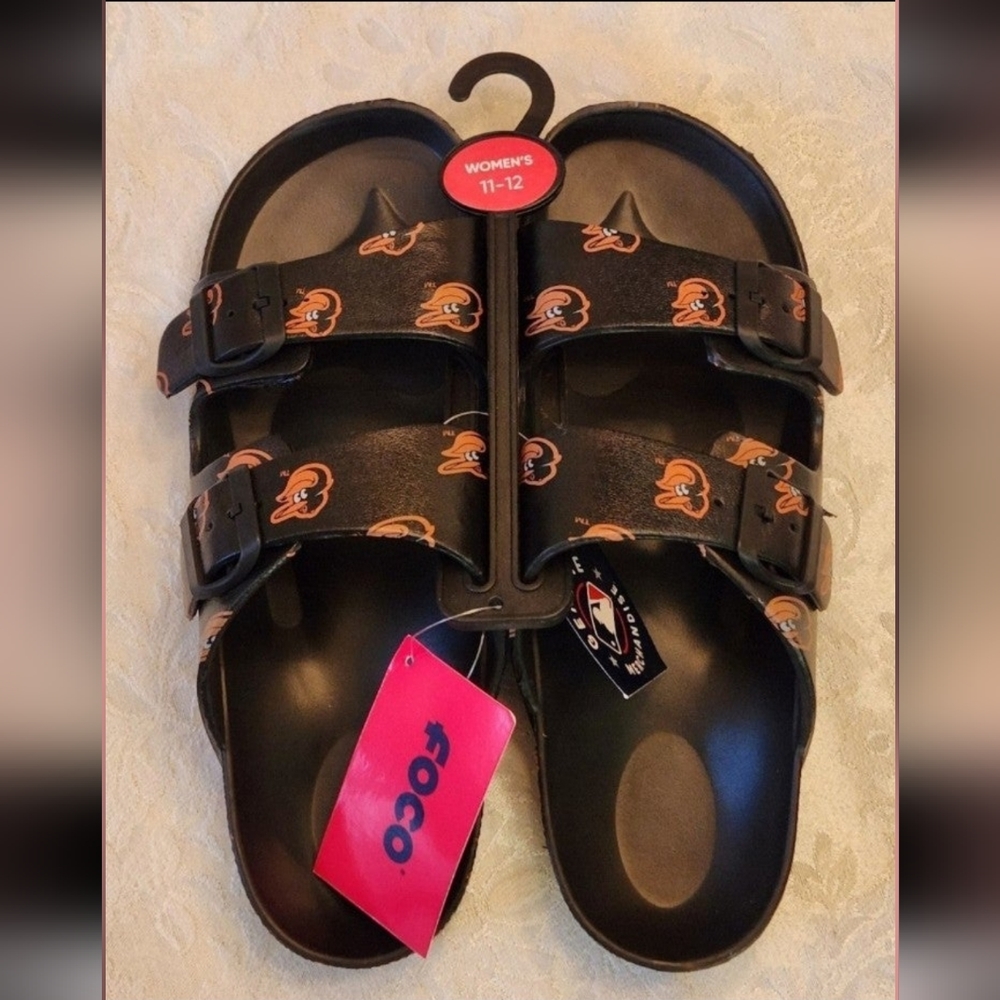 Baltimore Orioles Baseball FOCO USA Womens Slides Size 11-12 Black & Orange